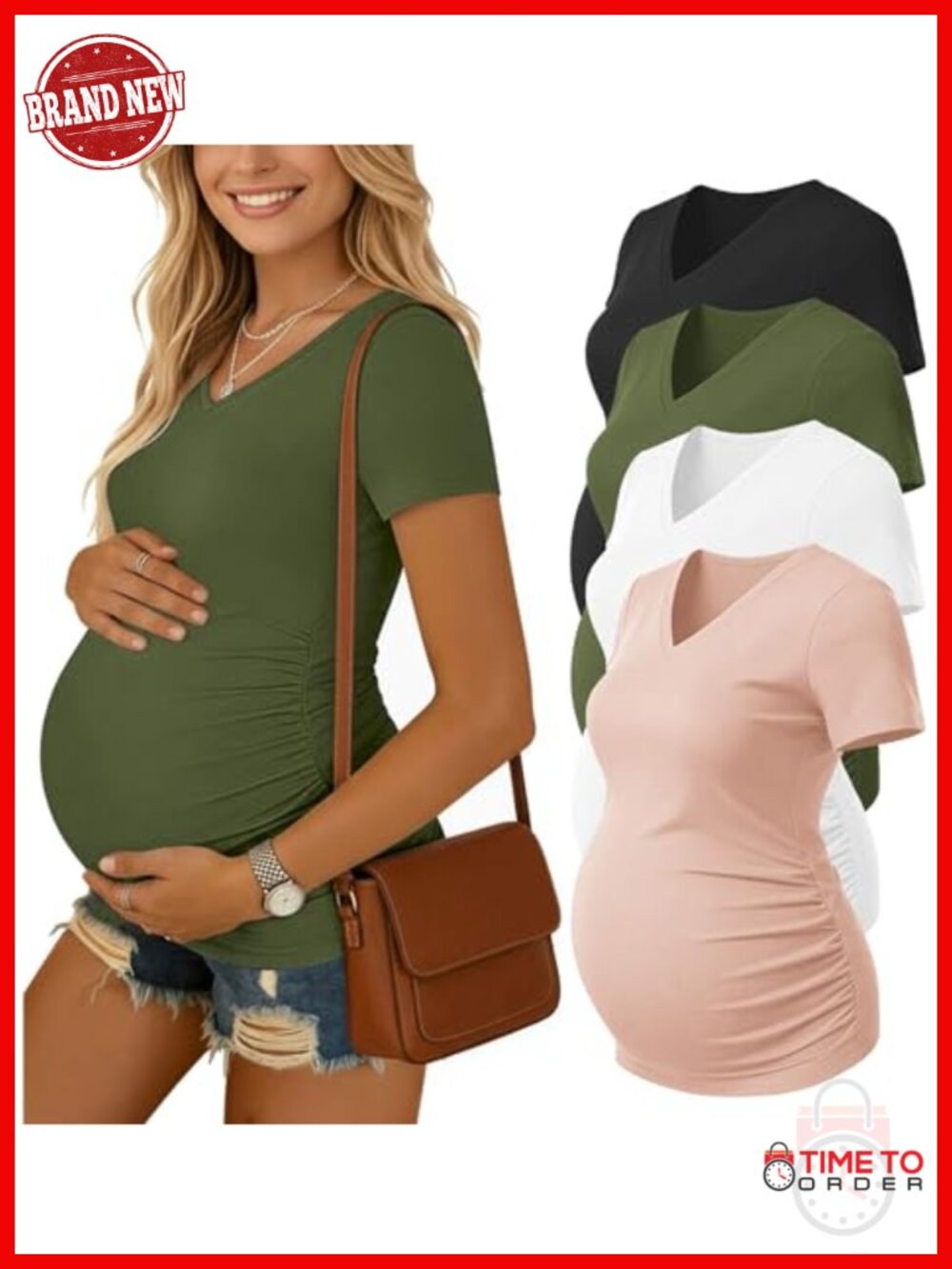 4 Pack Maternity V Neck Short Sleeve Side Ruched T-Shirts - Picture 1 of 6